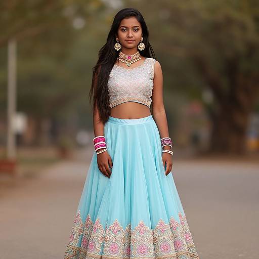 Photograph of a young Indian woman with long black hair, wearing a silver crop top and light blue lehenga with pink and white embroidery, standing outdoors