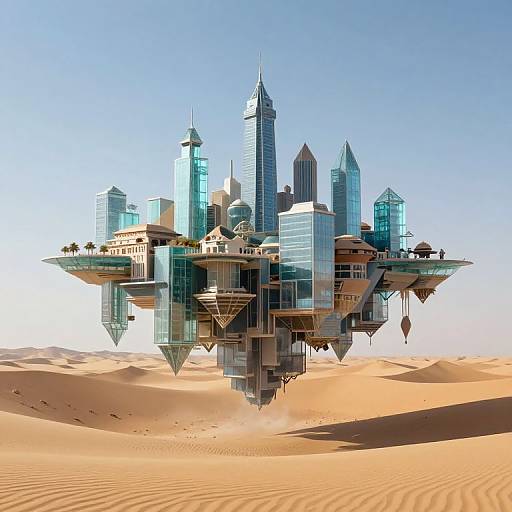 Photorealistic CGI of a futuristic, floating cityscape with sleek skyscrapers and angular architecture hovering over a vast, rippled desert.