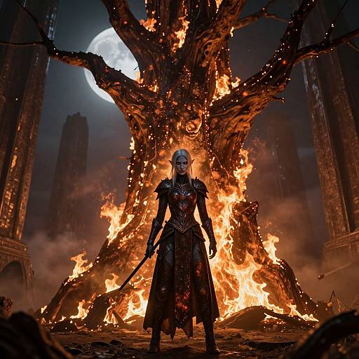 CGI fantasy image of a bald, armored warrior standing before a massive, blazing tree under a full moon in a dark, ruined temple.
