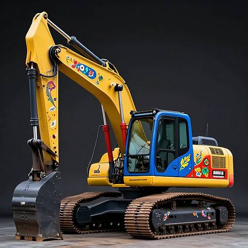 Photograph of a colorful excavator with yellow arm, blue cabin, red accents, and detailed cat tracks against a dark background.