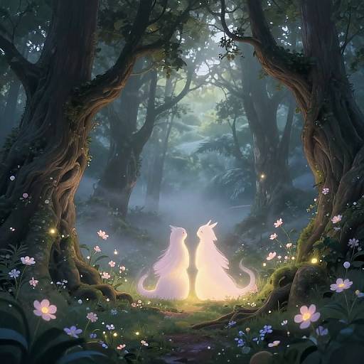 Digital fantasy artwork of two glowing white unicorns standing in a mystical forest, surrounded by glowing flowers and ethereal lights.