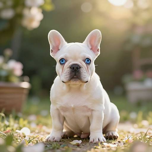 Photograph of a white French Bulldog puppy with bright blue eyes, sitting on grass in a sunny garden, with blurred flowers and sunlight in the background