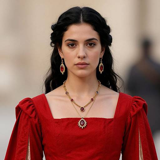 Photograph of a young woman with long black hair, wearing a red, puffed-sleeve dress, gold necklace, and matching red earrings,