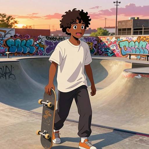 Young Black boy with curly hair, wearing white t-shirt, black pants, orange sneakers, holding skateboard in urban sunset skatepark. Digital art.