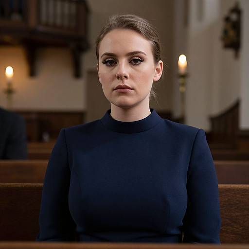 Photograph of a serious-looking young woman with fair skin, brown hair in a bun, wearing a black long-sleeve top, standing in a