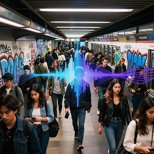 Photograph of a busy, brightly lit underground subway tunnel with graffiti-covered walls, crowded with diverse young people, and featuring vibrant blue and purple neon light