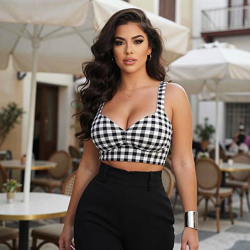 Photograph of a confident woman with long, wavy dark hair, wearing a black-and-white checkered crop top and high-waisted black pants