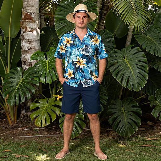 Photograph of a young man in a blue floral shirt, navy shorts, beige hat, and flip-flops, standing amidst lush tropical foliage.