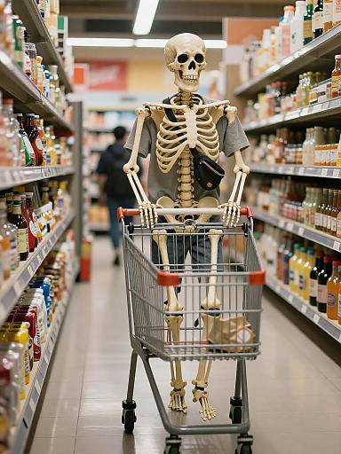 Skeleton Shopping in Urban Supermarket Scene