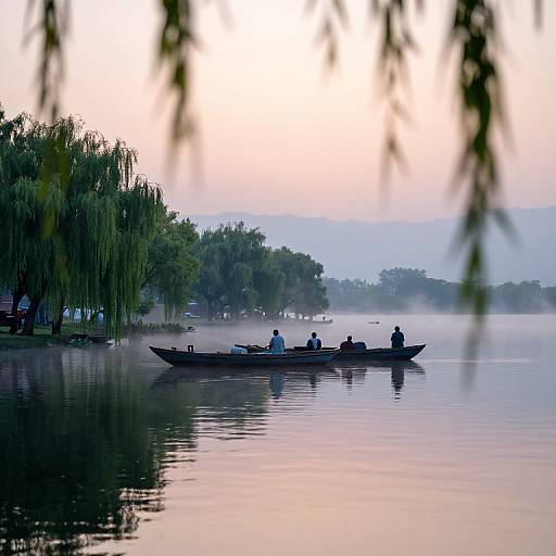 Photograph of a serene lake at dawn, with a small boat carrying four silhouetted figures, surrounded by misty trees and reflections. Soft