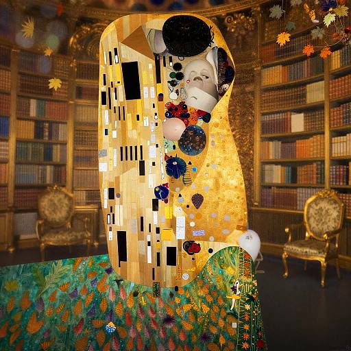 Gilded Library Interior Collage Inspired by Gustav Klimt