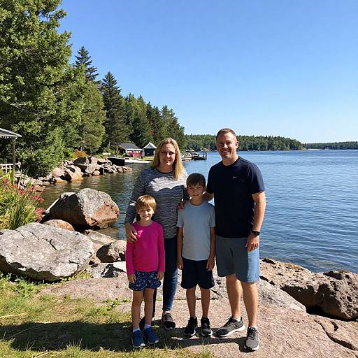 Photograph of a smiling family of four standing on rocky lake shore, surrounded by dense green trees and clear blue water.