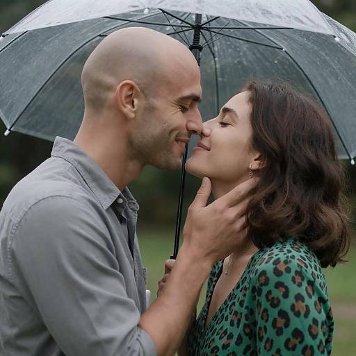 Photograph of a bald, light-skinned man in a gray shirt gently kissing a dark-haired woman with green leopard-print top, holding a transparent umbrella