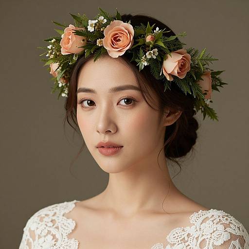 Photograph of a young Asian woman with fair skin, wearing a white lace dress and a floral crown with pink roses and greenery, against a gray