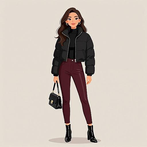 Digital illustration of a stylish woman with long brown hair, wearing a black puffer jacket, black top, maroon pants, and black ankle boots,