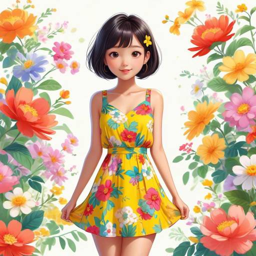 Cheerful Cartoon Asian Girl in Sundress