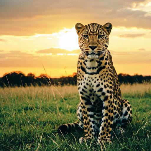 Leopard Sitting in Grass at Sunset