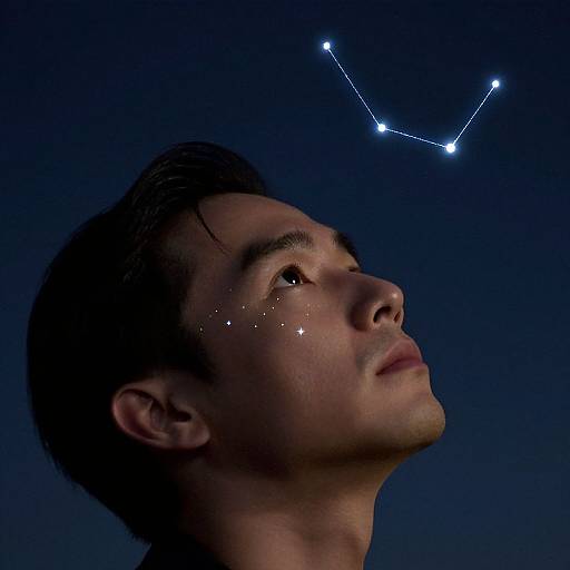 Photograph of a young man with short brown hair, looking up at a night sky with a constellation diagram above. Dark blue background, subtle star-like
