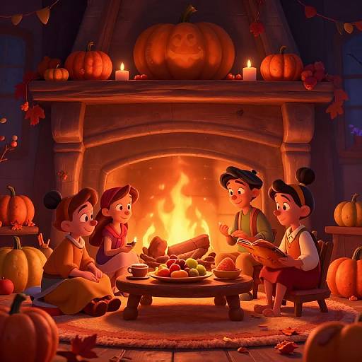 Digital illustration of four children sitting around a glowing fireplace, roasting pumpkins and apples, surrounded by pumpkins and candles in a cozy, autumnal