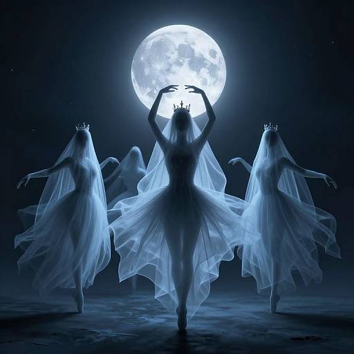 Silhouetted, ghostly, ethereal dancers in flowing, translucent gowns and crowns, arms raised, against a luminous full moon