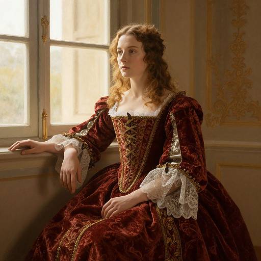Photograph of a curly-haired, fair-skinned woman in a rich, red, baroque-style dress with lace cuffs, sitting by a sunlit
