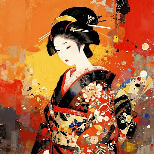 Digital art of a serene Japanese geisha with black hair in an updo, wearing a colorful floral kimono, set against a vibrant orange and red