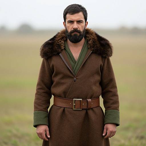 Photograph of a bearded man with dark hair, wearing a brown fur-trimmed coat with green lining, brown belt, standing in a blurred