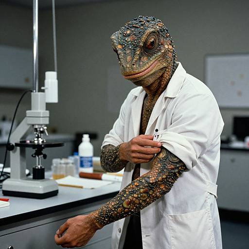 Photograph of a chameleon with detailed, multicolored skin, wearing a white lab coat, standing in a modern laboratory with microscope and scientific equipment