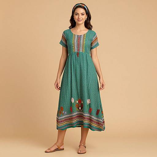 Woman in Colorful Green Dress