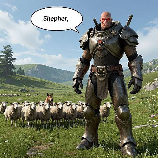CGI image of a muscular, armored warrior with a bald head standing in a green meadow with sheep, speech bubble saying 