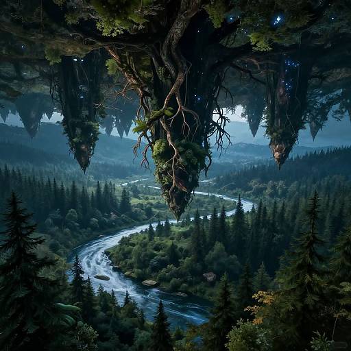 Fantastical digital artwork of a dense, misty forest with a winding river, illuminated by blue moonlight, viewed from above. Hanging moss-covered