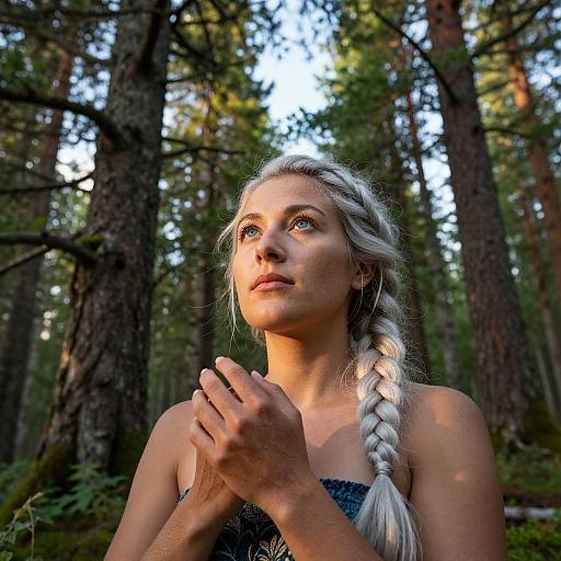 Photograph of a blonde woman with a braid, hands clasped, looking upward in a sunlit forest with tall trees. She wears a dark