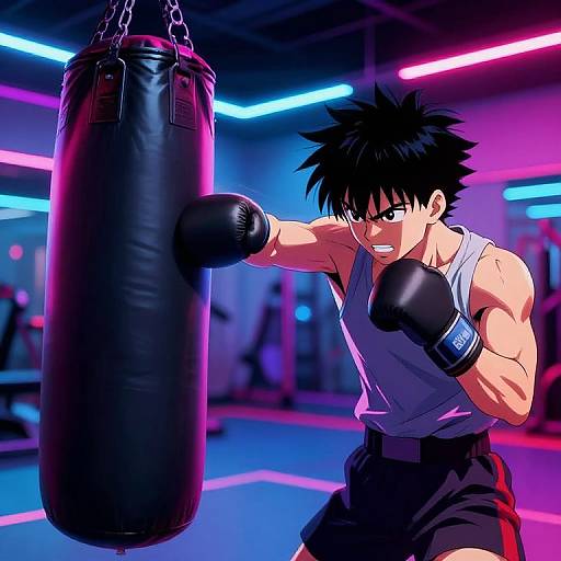 Anime-style drawing of a muscular, black-haired boy in a tank top and black shorts, punching a black punching bag in a neon-lit gym.