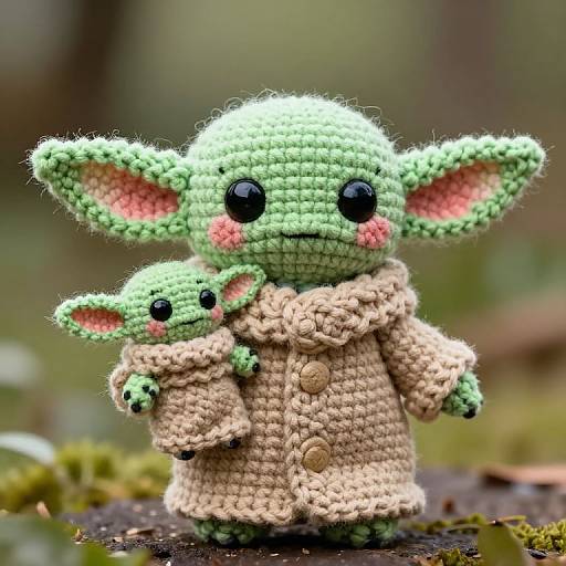 Photograph of two adorable, green, crochet amigurumi Yoda-like characters with black eyes, pink cheeks, and beige coats, standing on