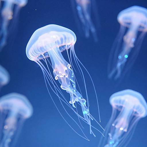 Photograph of glowing blue jellyfish with translucent bodies and long, flowing tentacles, floating against a deep blue underwater background.