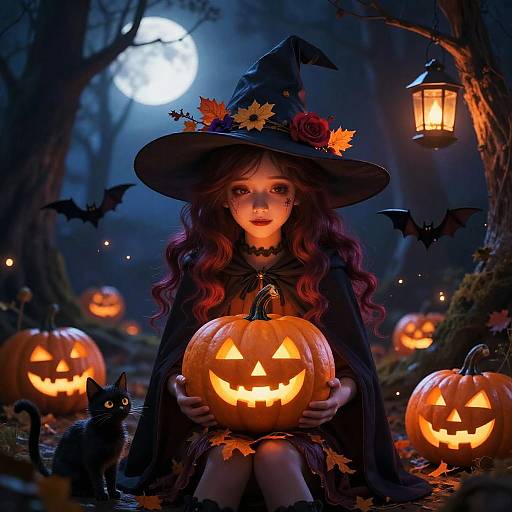 Whimsical Young Witch in Moonlit Forest