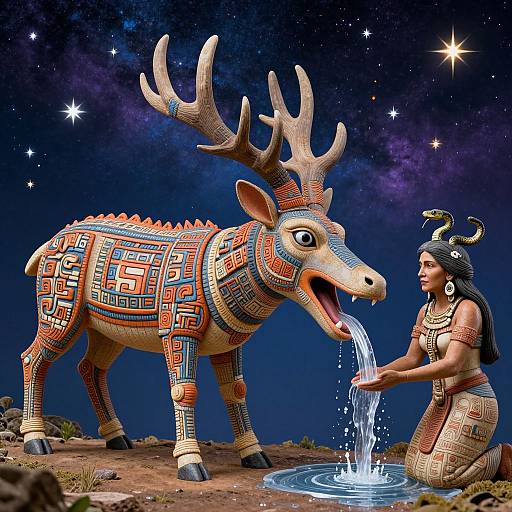 Photograph-like digital art: African woman with black hair and traditional dress pours water into a decorated, colorful, antelope's mouth under a starry