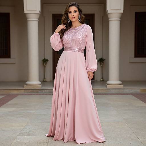 Photograph of a beautiful woman with long, wavy brown hair wearing a pink, long-sleeved, floor-length gown with a beaded bod