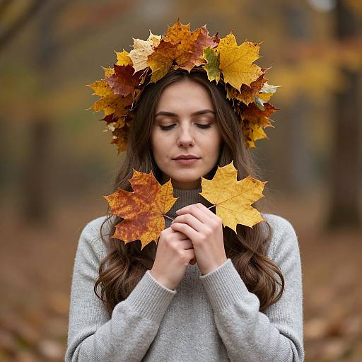 Photograph of a young woman with long brown hair, wearing a gray sweater, holding autumn leaves, and wearing a leafy head crown in a forest