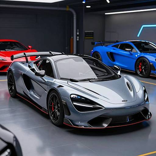 Photograph of a sleek, silver Porsche 918 Spyder with black accents and red brake calipers, parked in a dimly lit, modern garage