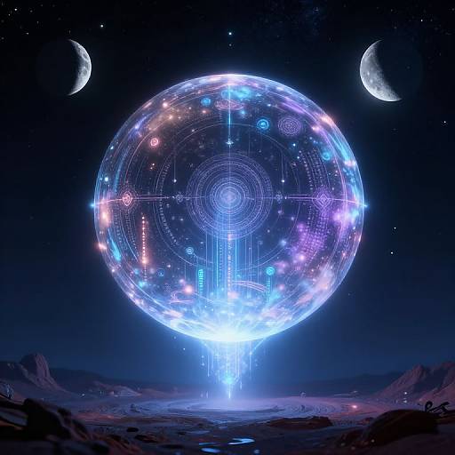 Digital artwork of a glowing, technologically intricate, spherical crystal hovering over a desert landscape, with two crescent moons in a starry night sky.