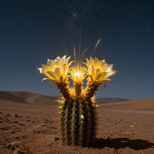 Photograph of a glowing yellow cactus flower under a starry night sky in a desert, with dark hills in the background.