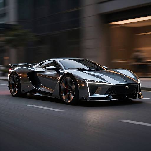 Photograph of a sleek, black, high-performance sports car with aggressive lines, racing on a city street at night, with blurred urban background.