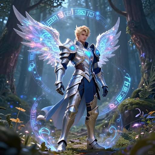Digital artwork of a blond, muscular, armored warrior with glowing blue wings and runes in a mystical forest, standing confidently amidst glowing flowers and ethereal light