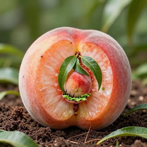 Photograph of a ripe peach with a green leaf on top, detailed texture, vibrant pink and orange hues, sitting on dark soil with blurred green foliage