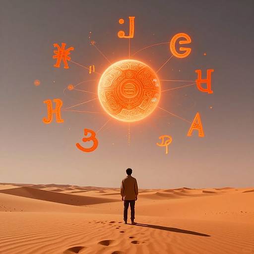 Silhouetted figure stands in orange desert, gazing at glowing, sun-like orb with floating, neon letters 