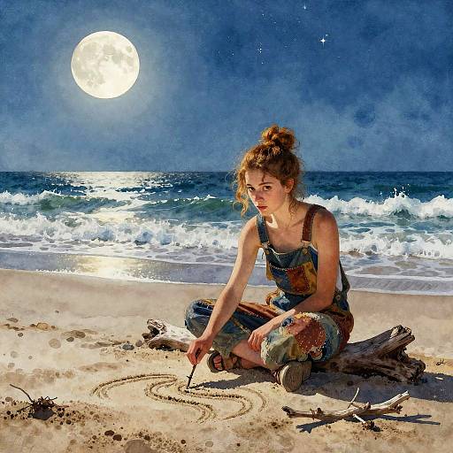 Youthful Artist Sketching Moonlit Beach
