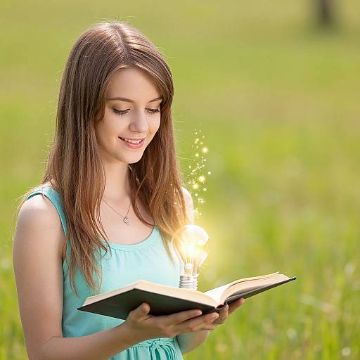 Photograph of a smiling young woman with long brown hair, wearing a light blue sleeveless top, reading a book in a sunlit, green grass