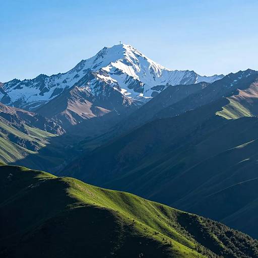 Photograph of a snow-capped mountain peak under a clear blue sky, with dark, shadowed slopes and green, sunlit hills in the foreground