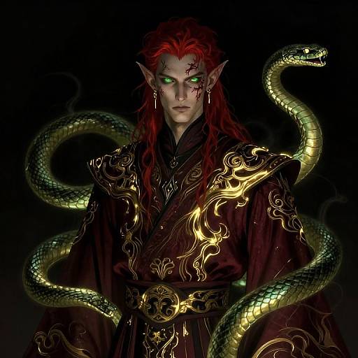 Digital art: Red-haired, green-eyed, elf with pointed ears, dark ornate robe, blood on face, surrounded by glowing green and gold snakes
